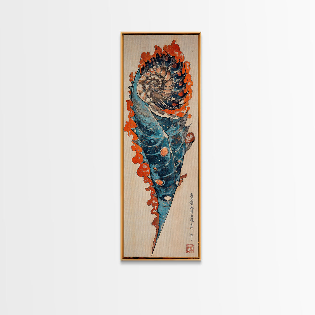 Blue Orange Spiral Seashell Wall Art, Japanese Woodblock Coastal Canvas Wall Decor, Nautical Ocean Print For Beach House