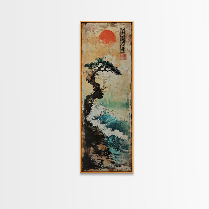 Red Sun Pine Cliff Seascape Wall Art, Japanese Wave Landscape Print, Coastal Zen Decor For Living Room And Office, Modern Home Decor