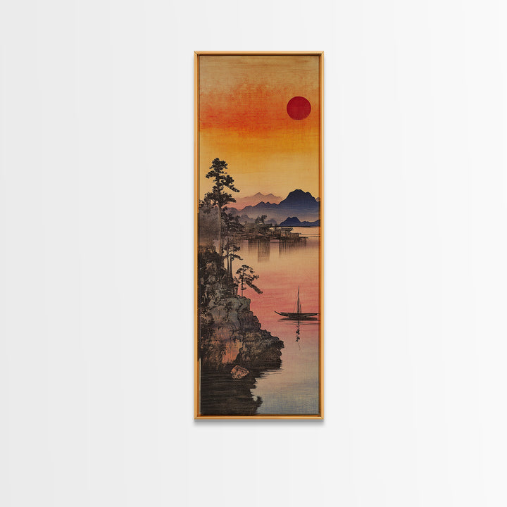 Orange Sunset Lake Mountain Wall Art, Japanese Landscape Print, Serene Nature Decor For Bedroom And Living Room, Framed Canvas Print