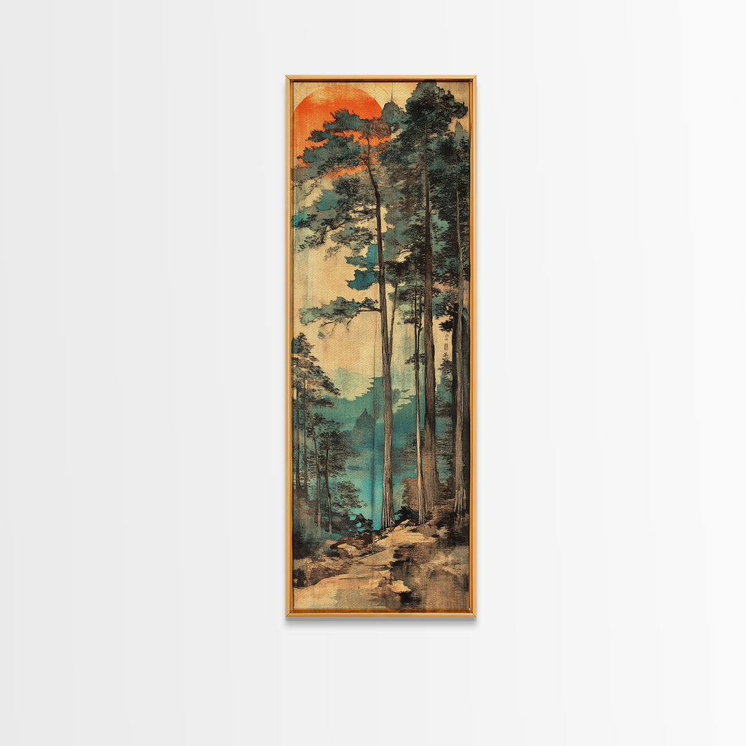 Tall Pine Forest Sunrise Wall Art, Japanese Woodblock Landscape Print, Misty Mountain Nature Decor For Living Room And Office Decor