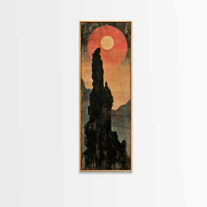 Black Rock Spire Eclipse Wall Art, Moody Japanese Mountain Landscape Print, Dark Academia Decor For Modern Living Room, Canvas Print