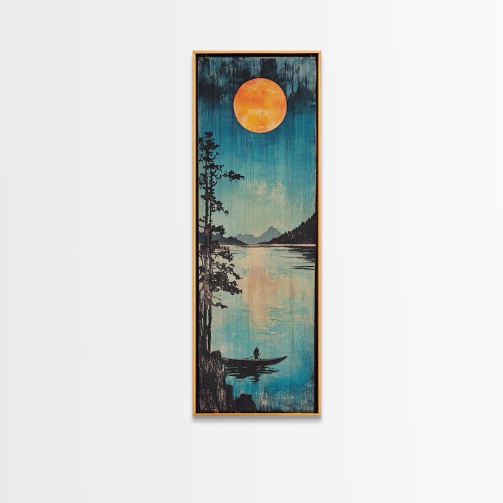 Orange Full Moon Over Mountain Lake Canvas Print, Serene Canoe Landscape Art, Japandi Wall Decor, Calming Bedroom Decor Gift