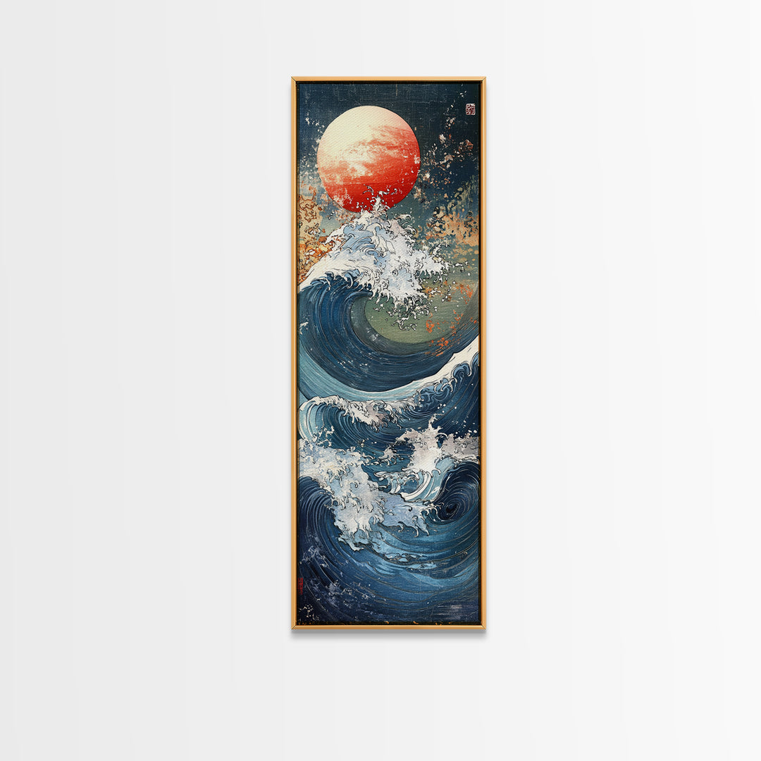 Great Wave With Red Sun Framed Canvas Print, Japanese Wall Art, Ocean Seascape, Nautical Decor, Bold Coastal Gift, Living Room Wall Decor