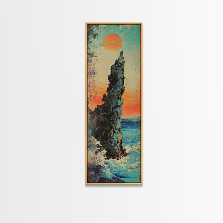 Dramatic Sea Stack At Sunset Wall Art, Japanese Coastal Landscape Print, Ocean Cliff Decor, Tall Narrow Canvas Gift, Living Room Decor