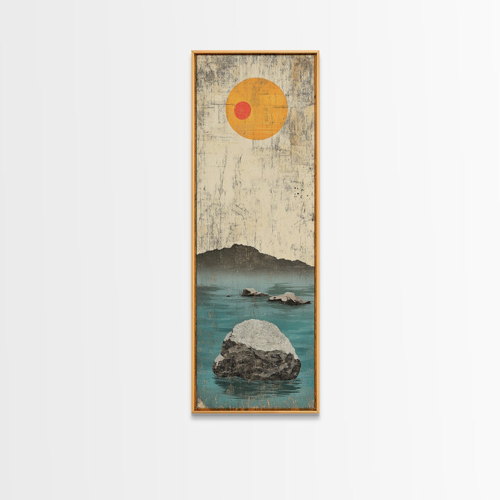 Minimal Ocean Rocks Beneath Yellow Sun Canvas Print, Japanese Seascape Wall Art, Neutral Coastal Decor, Zen Home Decor Gift