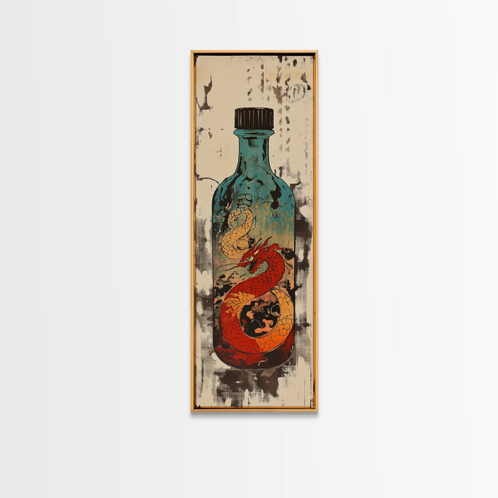 Red Dragon In Glass Bottle Wall Art, Japanese Fantasy Ocean Print, Nautical Decor, Unique Gift For Him, Asian Art, Statement Wall Decor
