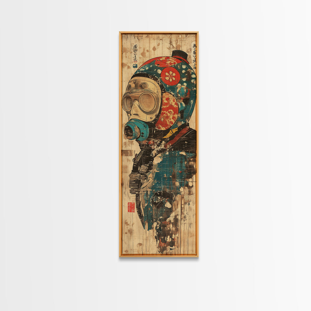Steampunk Gas Mask Diver Helmet Framed Canvas Print, Japanese Cyberpunk Wall Art, Industrial Decor, Sci Fi Gift For Him Poster