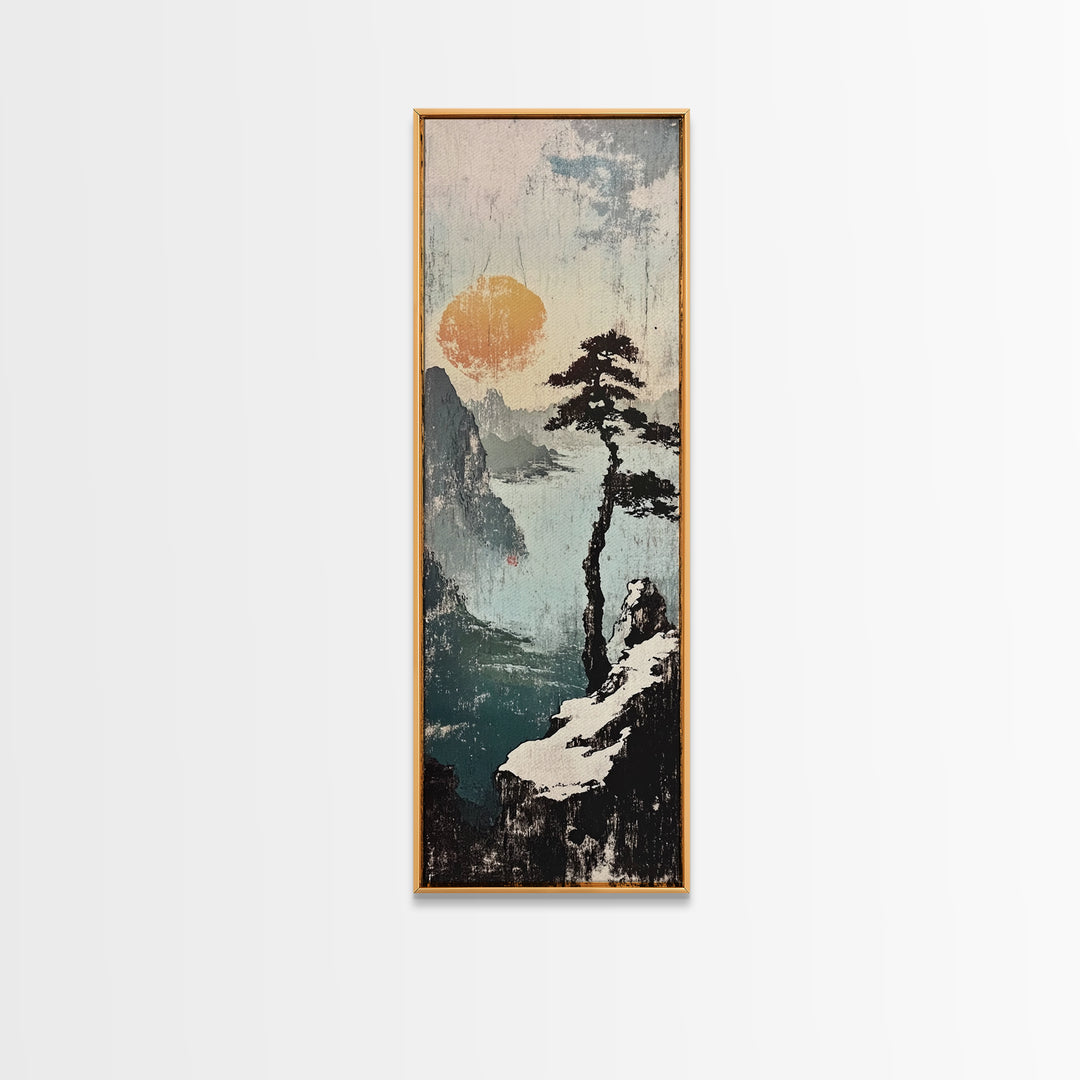 Misty Cliff Pine Lake Canvas Print, Japanese Landscape Wall Art, Neutral Nature Poster, Zen Home Decor, Office Wall Decor