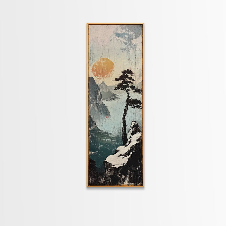 Misty Cliff Pine Lake Canvas Print, Japanese Landscape Wall Art, Neutral Nature Poster, Zen Home Decor, Office Wall Decor