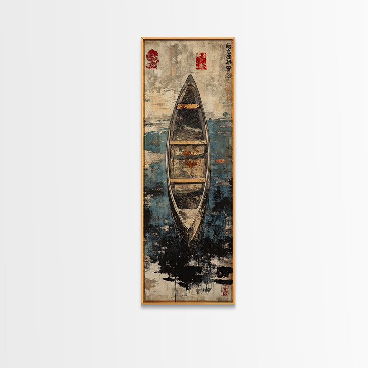 Weathered Canoe On Deep Blue Water Canvas Print, Coastal Boat Wall Decor, Nautical Lake House Art Print, Rustic Home Decor