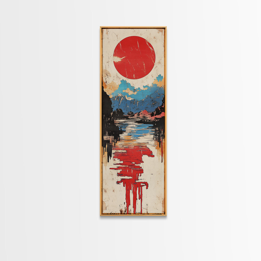 Red Sun Over Reflective Lake Wall Art, Japanese Landscape Print, Modern Coastal Decor, Serene Living Room Canvas Print, Home Decor