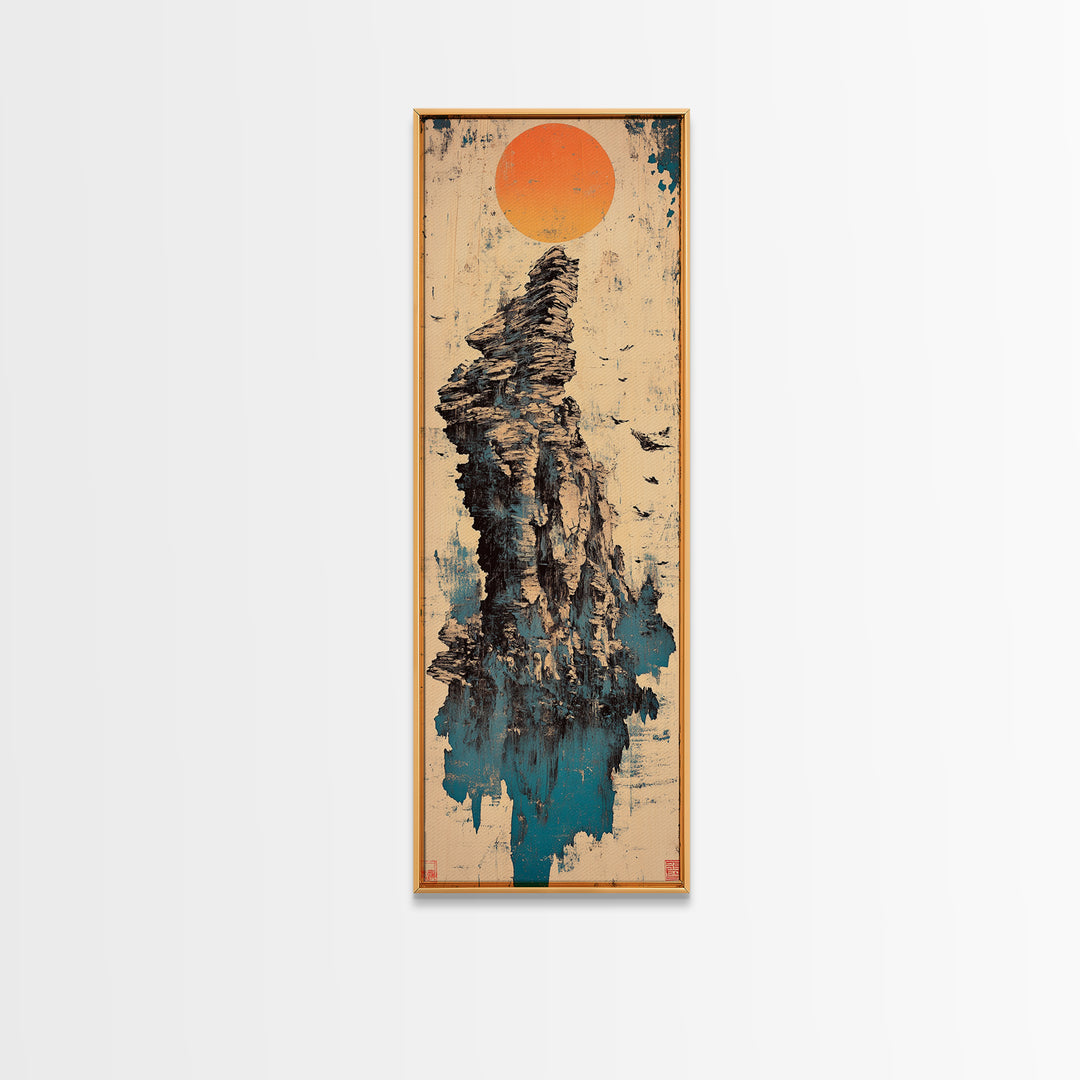 Rocky Sea Stack Under Orange Sun Wall Art, Japanese Landscape Canvas Print, Coastal Nature Decor, Minimalist Home Decor Art