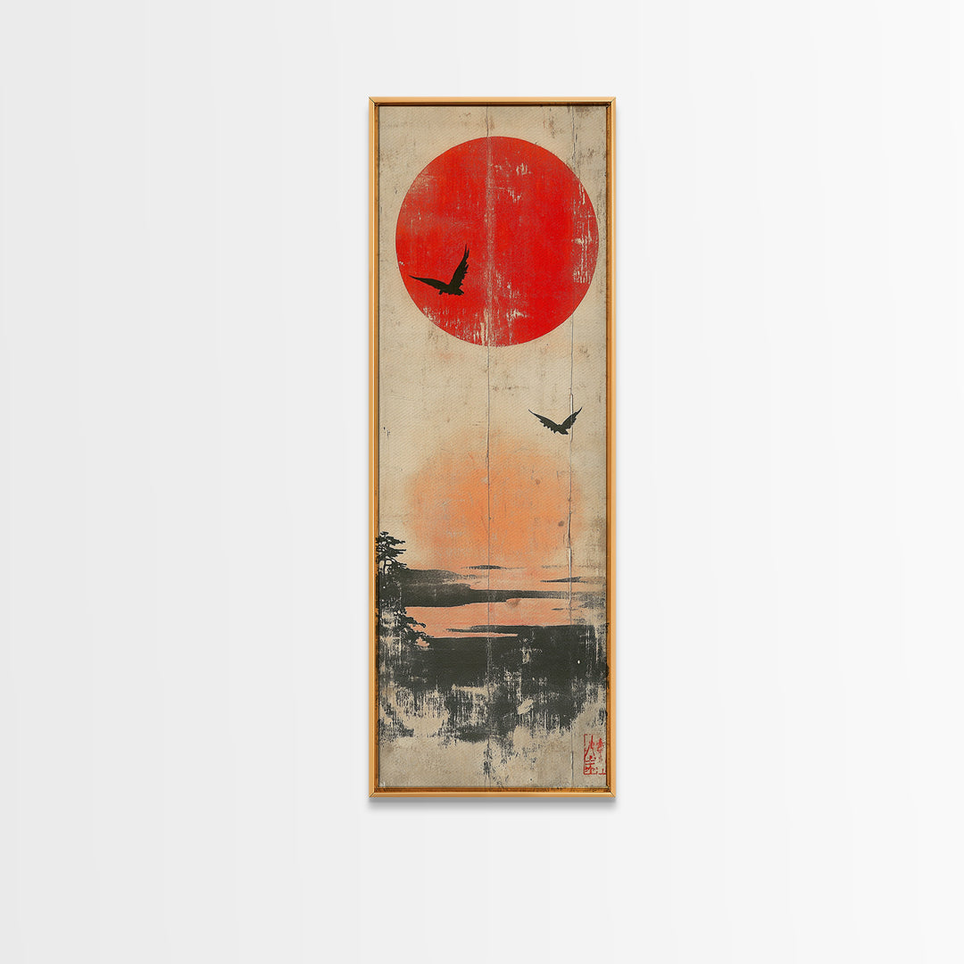 Red Sun And Birds Over Misty Lake Wall Art, Japanese Landscape Print, Minimalist Nature Decor, Serene Canvas Print, Home Decor