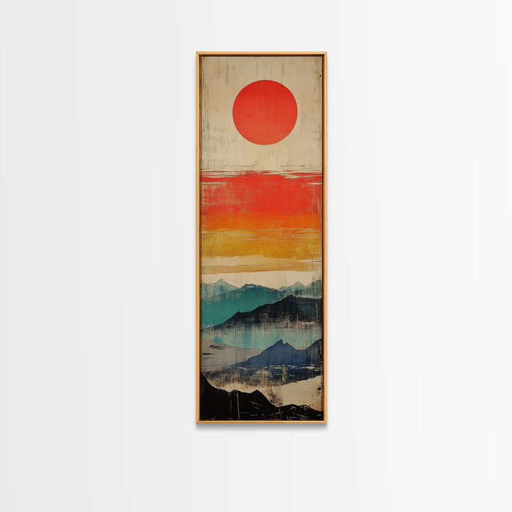 Red Sun Above Layered Blue Mountains Wall Art, Japanese Landscape Canvas Print, Mid Century Decor, Modern Living Room Art