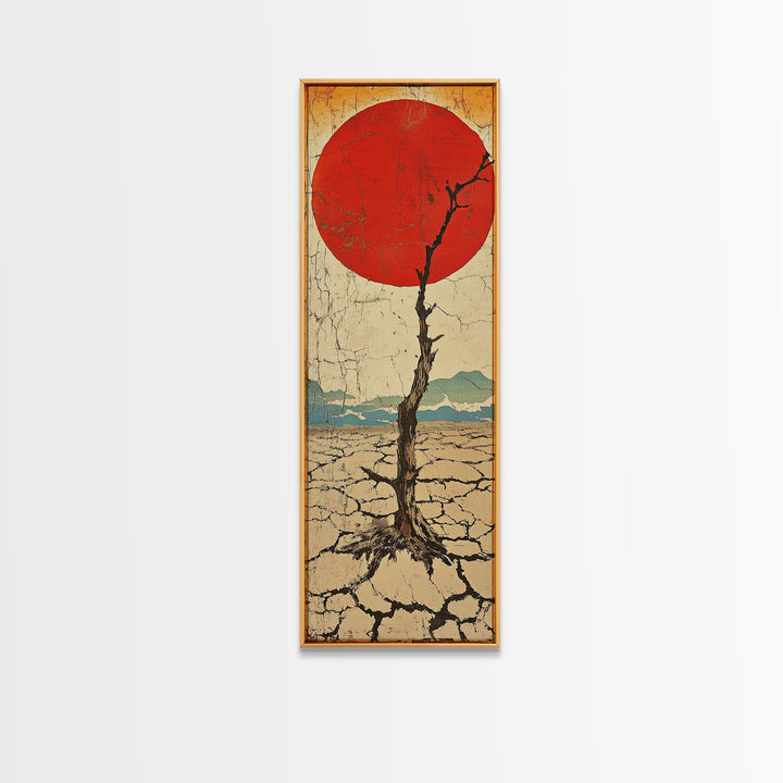 Red Sun Desert Tree Wall Art, Japanese Inspired Landscape Print, Rustic Wabi Sabi Decor, Long Narrow Canvas For Living Room