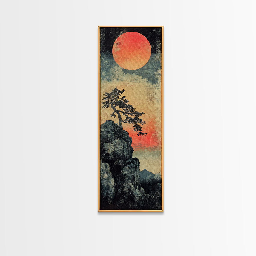 Cliff Pine Red Sun Framed Canvas Print, Japanese Landscape Wall Decor, Moody Nature Art, Vertical Poster For Living Room
