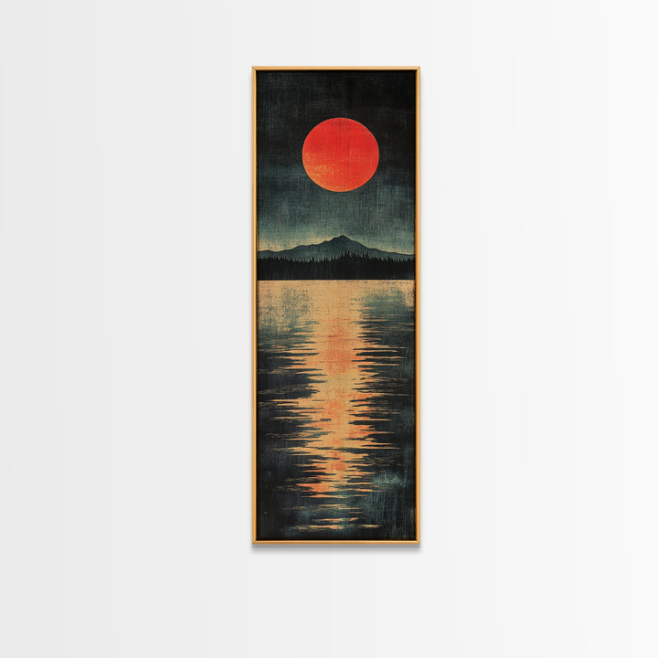 Red Sun Mountain Lake Canvas Print, Japanese Landscape Wall Decor, Moody Reflection Art, Long Narrow Poster For Modern Living Room