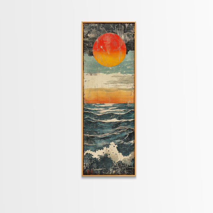 Abstract Ocean Sunset Wall Art, Red Sun Seascape Print, Coastal Wall Decor, Textured Wave Poster For Beach House Living Room