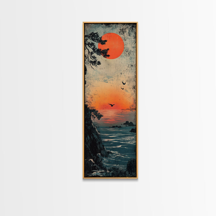 Coastal Cliff Red Sun Framed Canvas Print, Japanese Seascape Wall Art, Moody Ocean Decor, Bird Poster For Bedroom Or Office