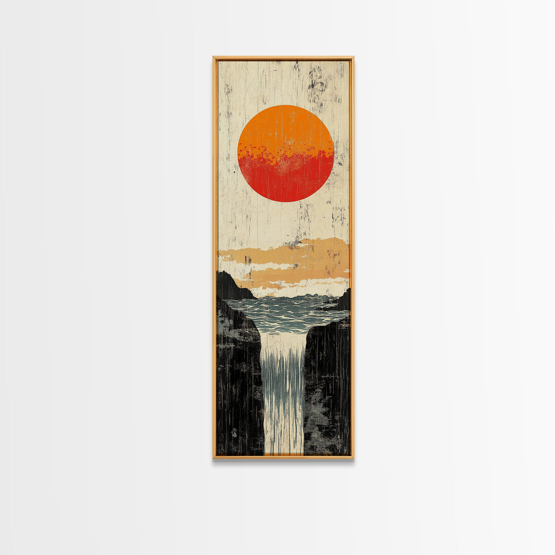 Orange Sun Waterfall Canvas Print, Japanese Cliff Landscape Wall Decor, Nature Poster, Wabi Sabi Art For Bathroom Or Office