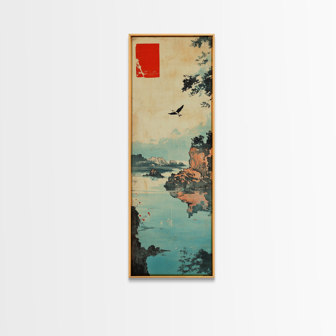 Quiet Japanese Coast With Bird Wall Art, Ukiyo E Landscape Print, Asian Inspired Decor, Tranquil Lake Home Decor For Living Room