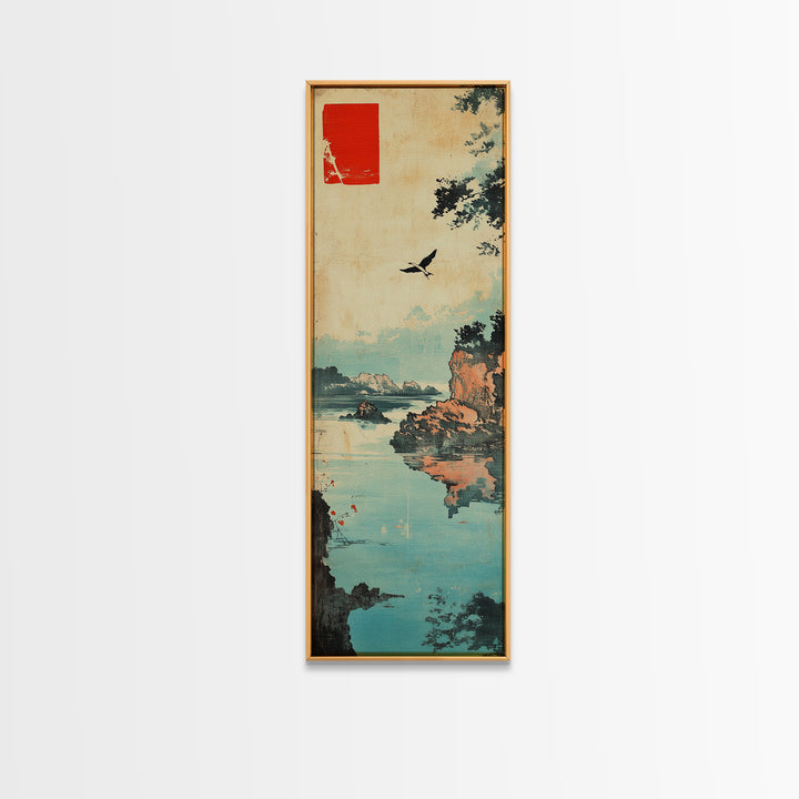 Quiet Japanese Coast With Bird Wall Art, Ukiyo E Landscape Print, Asian Inspired Decor, Tranquil Lake Home Decor For Living Room