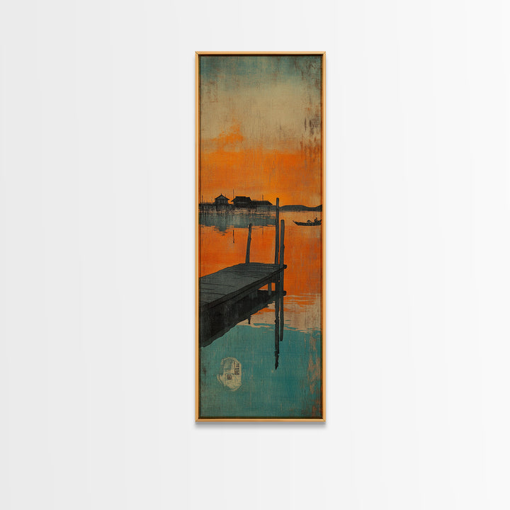 Orange Sunset Dock Wall Art, Moody Seascape Canvas, Coastal Wall Decor, Lake House Decor For Nautical Living Room, Home Decor