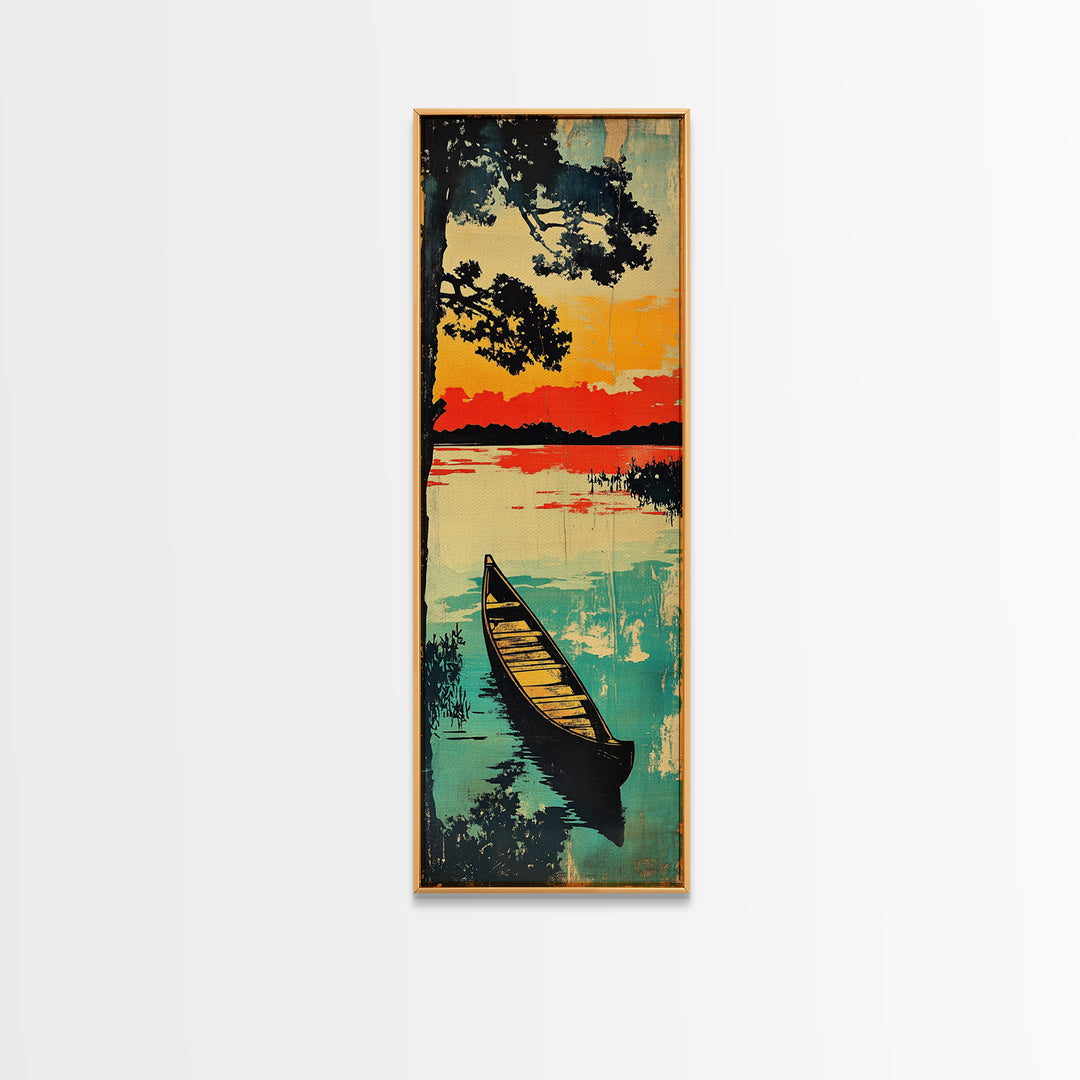 Canoe On Sunset Lake Wall Art, Japanese Landscape Canvas Print, Rustic Cabin Home Decor, Teal Water Long Vertical Art Print