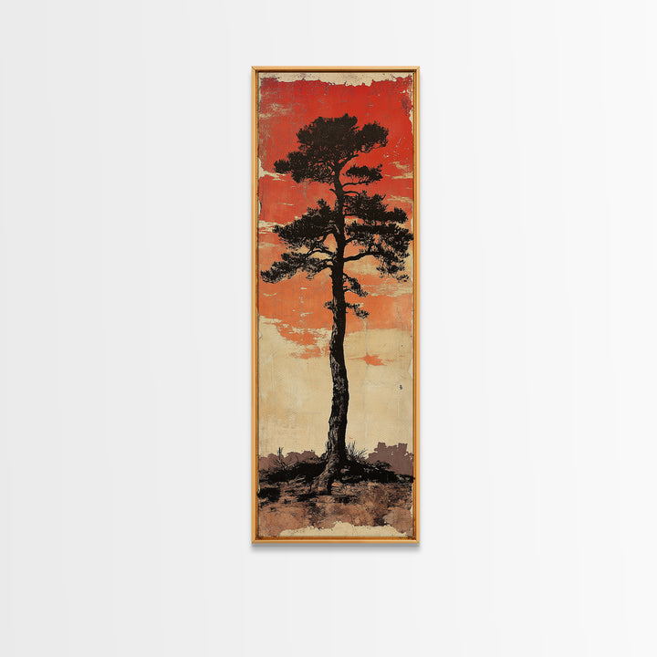 Lone Black Pine Tree At Red Sunset Canvas Print, Japanese Wall Art, Rustic Landscape Art, Long Narrow Nature Wall Decor Gift