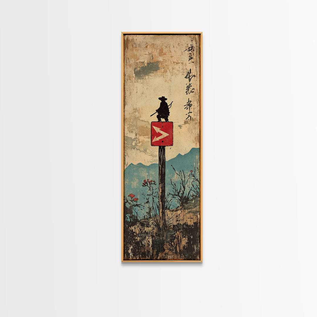 Samurai Silhouette On Mountain Signpost Wall Art, Japanese Landscape Print, Asian Inspired Decor, Long Narrow Home Decor Gift