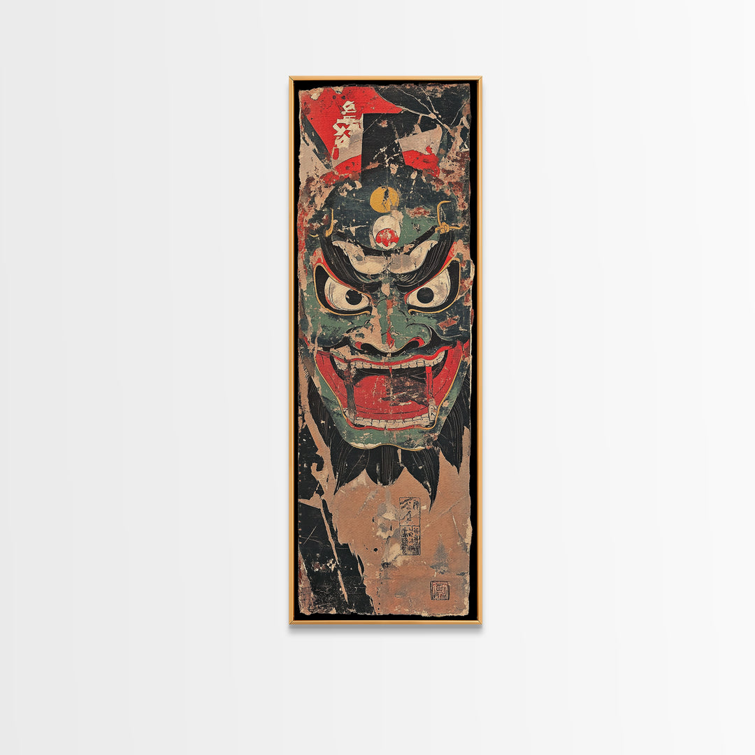 Fierce Japanese Oni Demon Mask Framed Canvas Print, Kabuki Wall Art, Dark Fantasy Decor, Bold Samurai Artwork Gift For Him