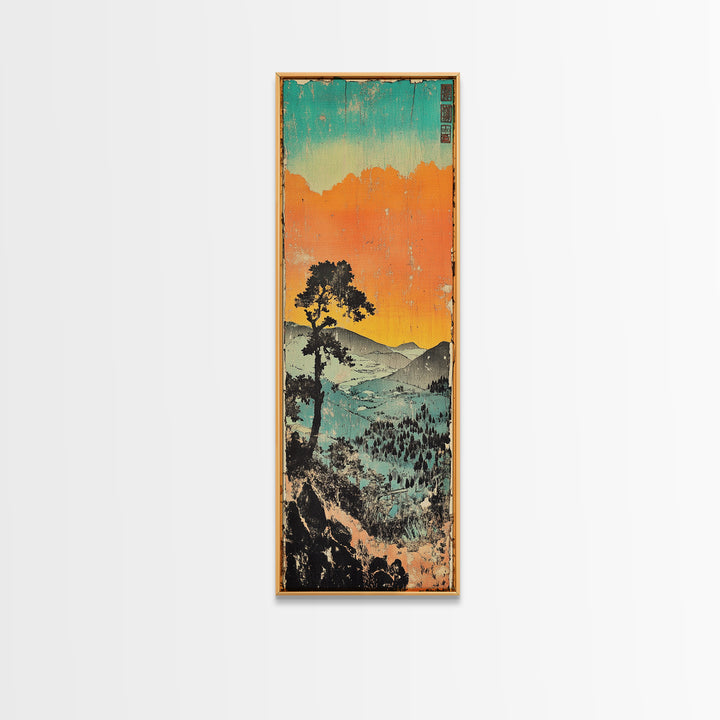 Orange Sunset Mountain Valley Canvas Print, Japanese Landscape Wall Art, Coastal Teal Nature Decor, Long Narrow Wall Decor