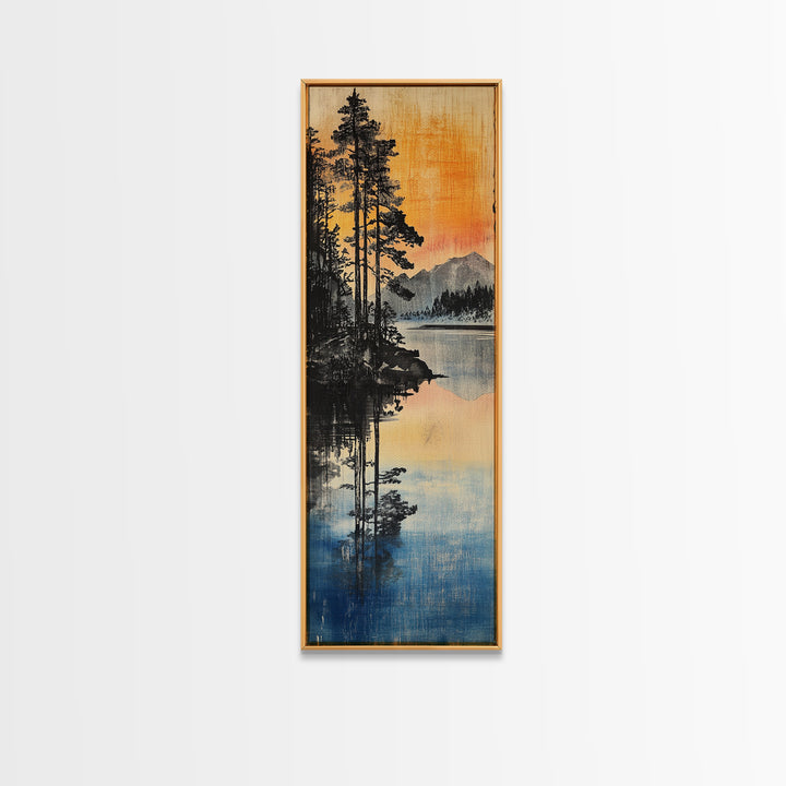 Misty Pine Lake Reflection Sunset Mountains Wall Art, Japanese Landscape Print, Rustic Cabin Decor, Nature Living Room Art
