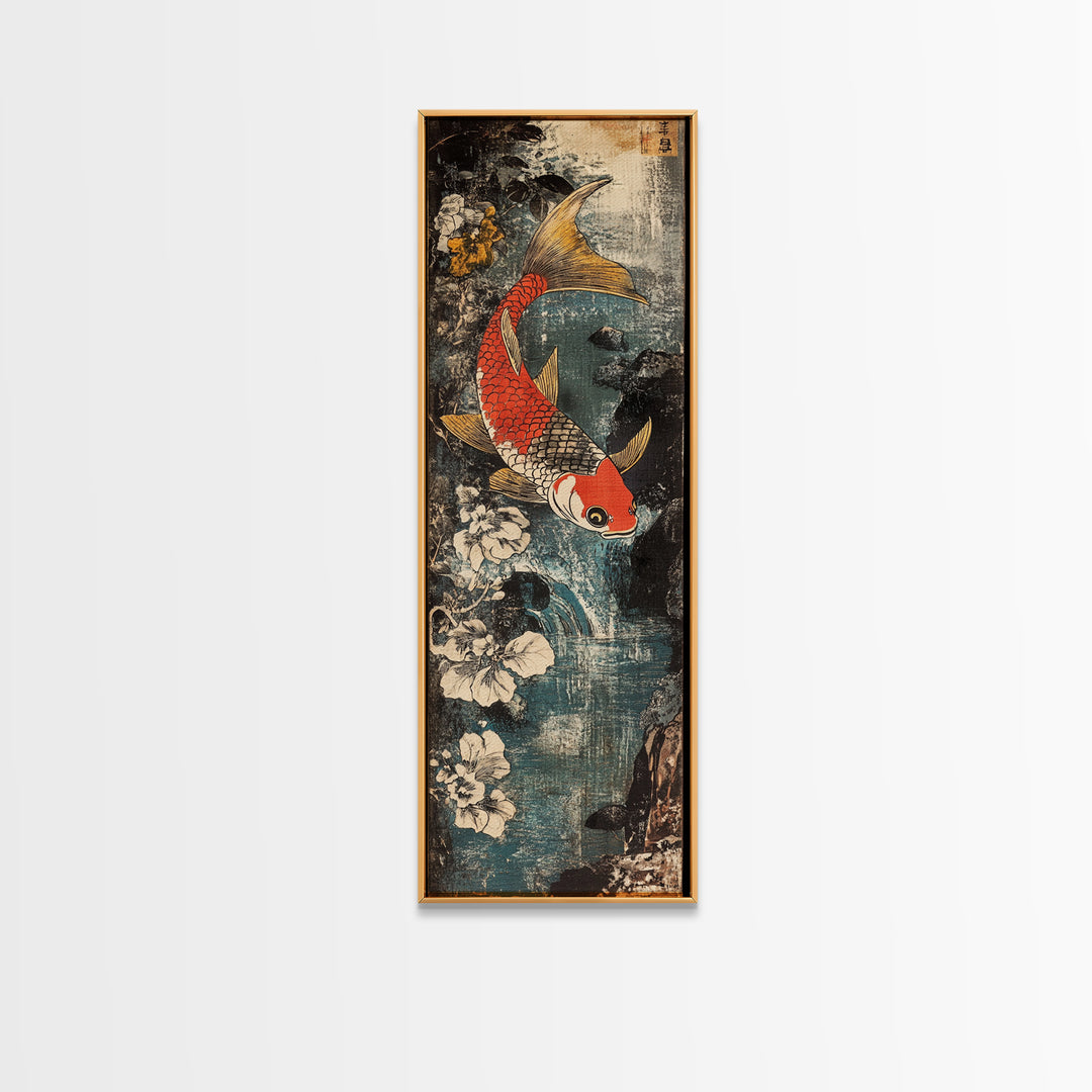 Red And Gold Koi Fish With White Flowers Wall Art, Japanese Koi Art, Asian Bathroom Decor, Zen Nature Canvas Print, Living Room Decor