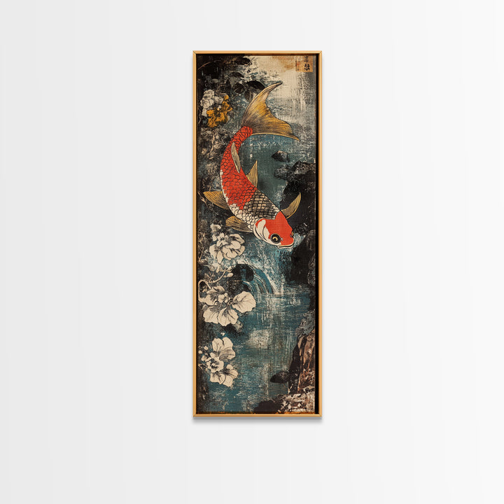 Red And Gold Koi Fish With White Flowers Wall Art, Japanese Koi Art, Asian Bathroom Decor, Zen Nature Canvas Print, Living Room Decor