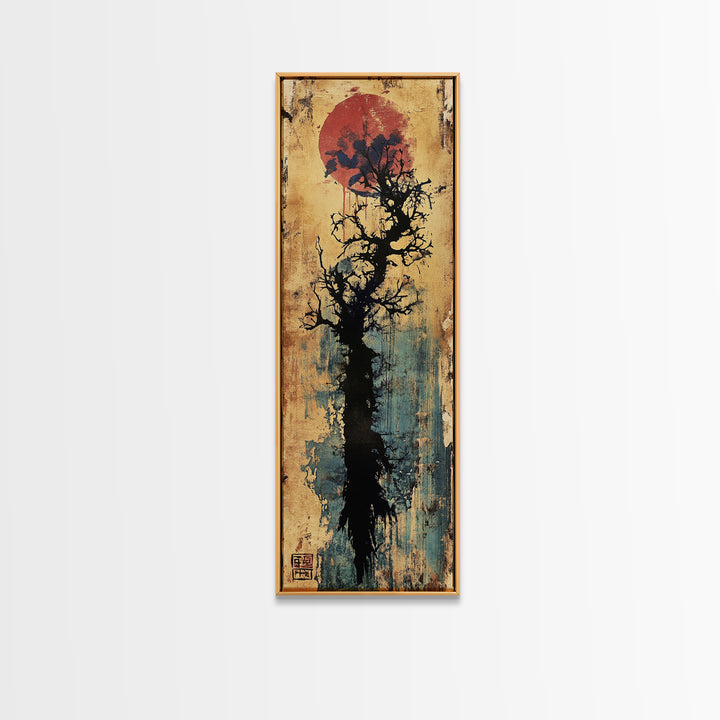 Bare Black Tree Under Crimson Moon Wall Art, Japanese Ink Landscape, Dark Academia Decor, Moody Zen Living Room Art, Canvas Print