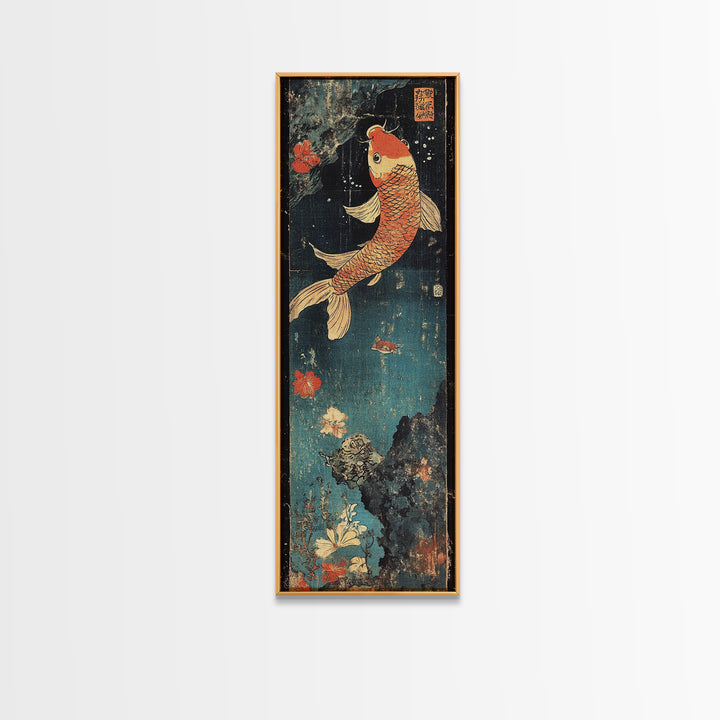 Golden Koi Fish With Coral Flowers Framed Canvas Print, Japanese Koi Wall Art, Zen Bathroom Decor, Asian Nature Art Print