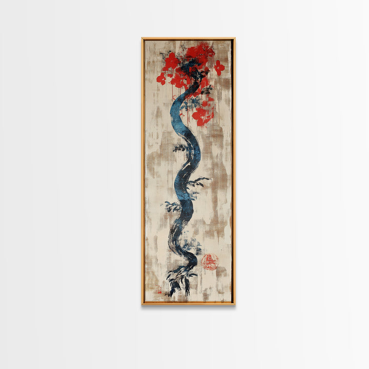 Blue Twisting Tree With Red Blossoms Canvas Print, Japanese Botanical Wall Art, Minimalist Nature Decor, Modern Zen Art Print