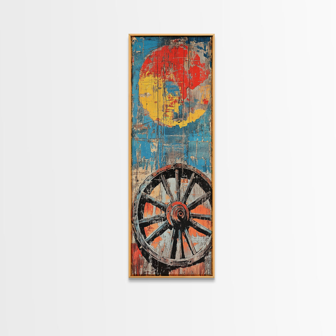 Wagon Wheel With Red Sun Wall Art, Rustic Western Canvas Print, Bold Farmhouse Decor For Living Room And Country Home Wall Decor