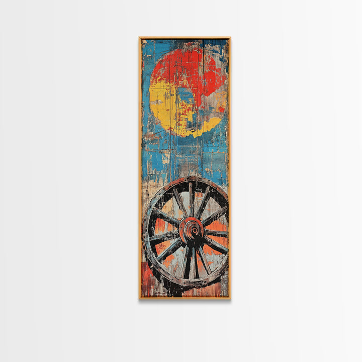 Wagon Wheel With Red Sun Wall Art, Rustic Western Canvas Print, Bold Farmhouse Decor For Living Room And Country Home Wall Decor