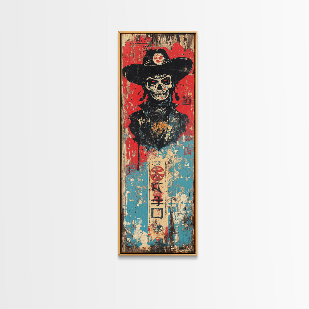 Skeleton Cowboy In Black Hat Wall Art, Gothic Western Canvas Print, Dark Americana Decor For Man Cave And Eclectic Room Decor