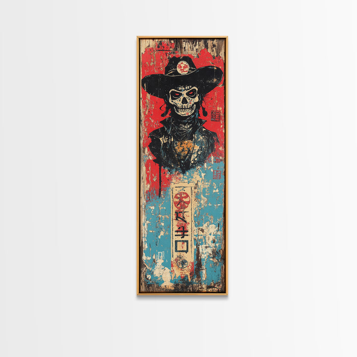 Skeleton Cowboy In Black Hat Wall Art, Gothic Western Canvas Print, Dark Americana Decor For Man Cave And Eclectic Room Decor