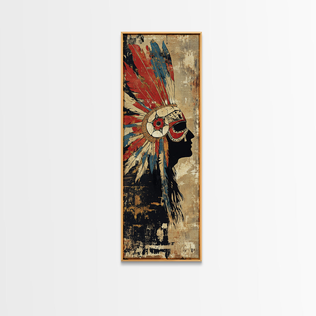 Feather Headdress Profile Wall Art, Tribal Southwestern Canvas Print, Indigenous Inspired Decor For Boho Living Room Wall Decor