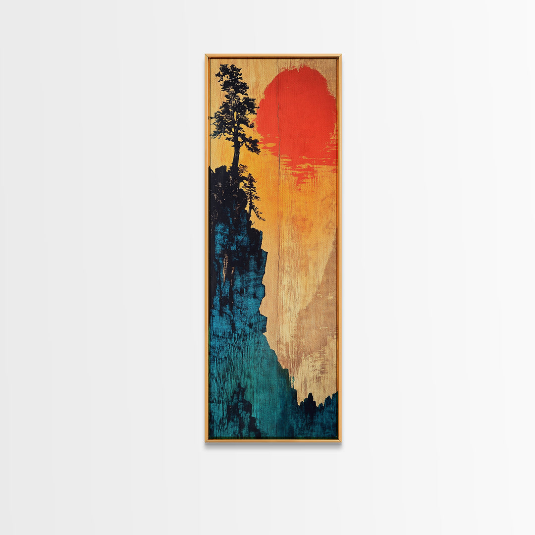 Cliff Silhouette With Red Sun Wall Art, Japanese Landscape Canvas Print, Moody Nature Decor For Living Room And Office Wall Decor