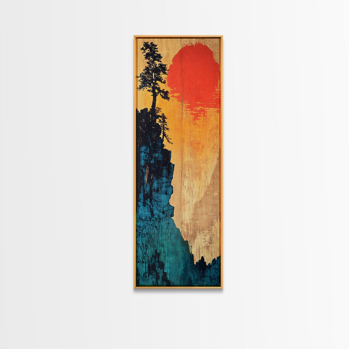 Cliff Silhouette With Red Sun Wall Art, Japanese Landscape Canvas Print, Moody Nature Decor For Living Room And Office Wall Decor
