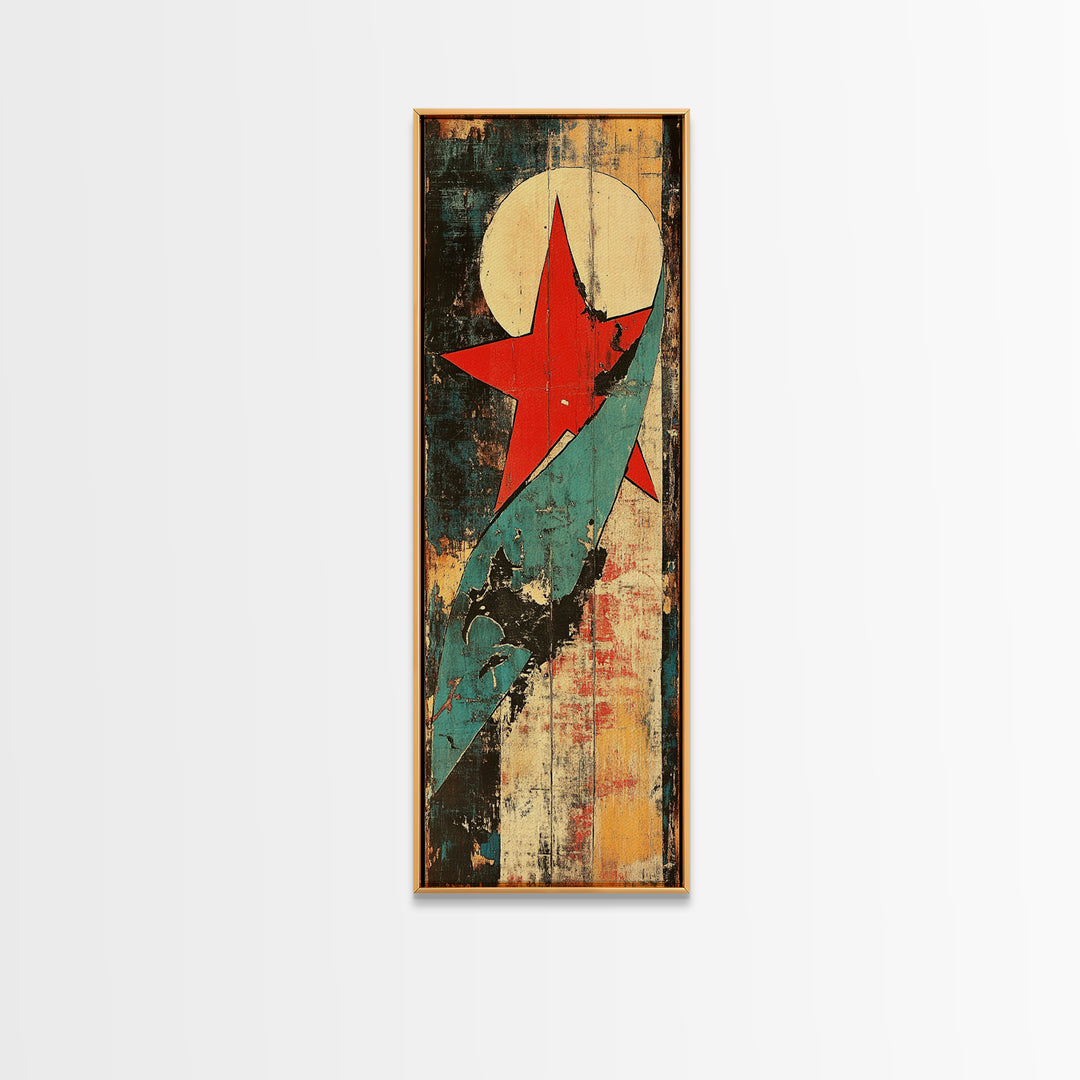 Red Star And Teal Rocket Abstract Canvas Print, Mid Century Modern Wall Art, Retro Futuristic Art, Bold Office Decor, Home Decor