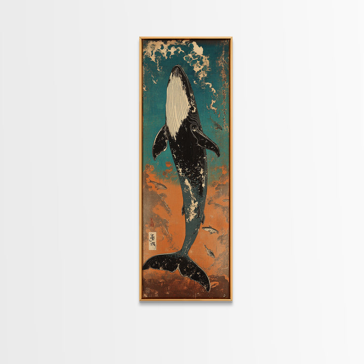 Humpback Whale Rising Through Teal Waves Wall Art, Japanese Woodblock Style, Ocean Wall Art, Marine Life Art, Coastal Decor