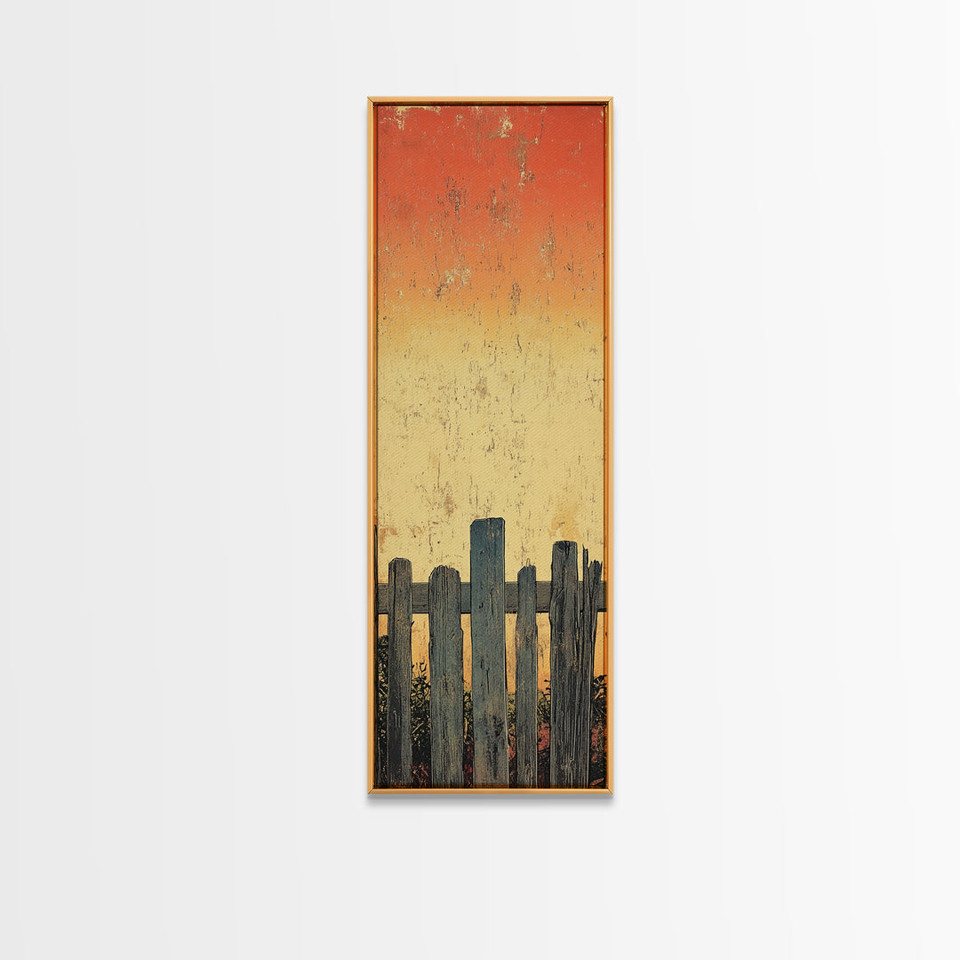 Weathered Fence Sunset Wall Art, Rustic Minimalist Landscape Print, Orange Sky Farmhouse Decor, Tall Vertical Canvas Print