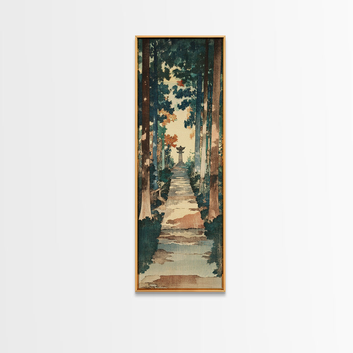 Forest Path Shrine Wall Art, Japanese Garden Canvas Print, Moody Woodland Landscape Decor, Tall Vertical Entryway Wall Art