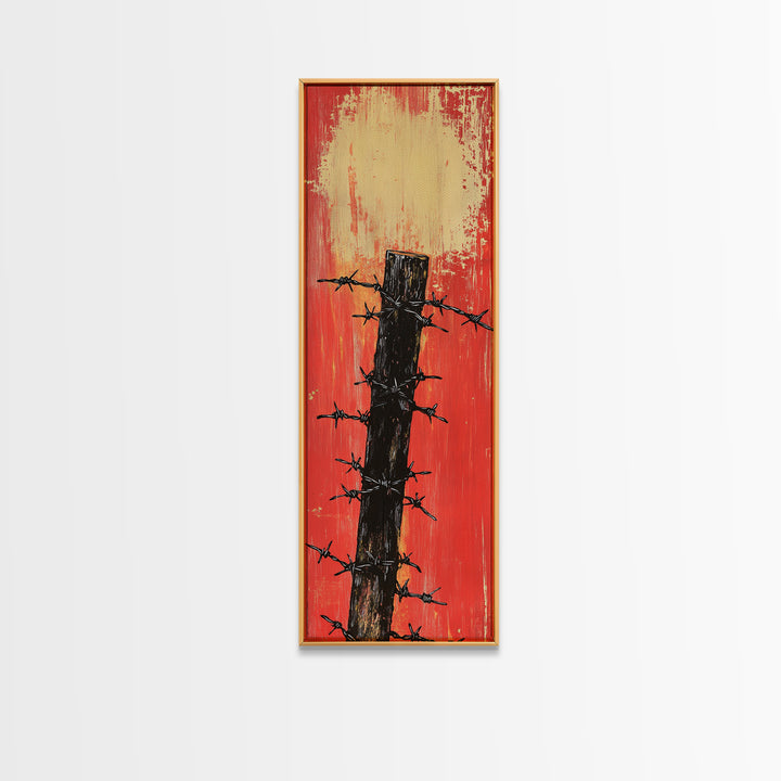Barbed Wire Fence Post Wall Art, Rustic Western Print, Red Distressed Farmhouse Decor For Man Cave Or Modern Entryway Gift